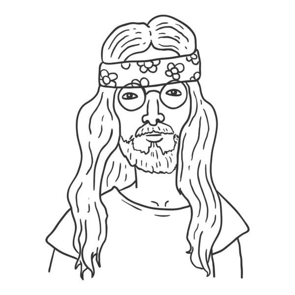 Vector Outline Character Manusia Hippie Potret Subkultur - Stok Vektor