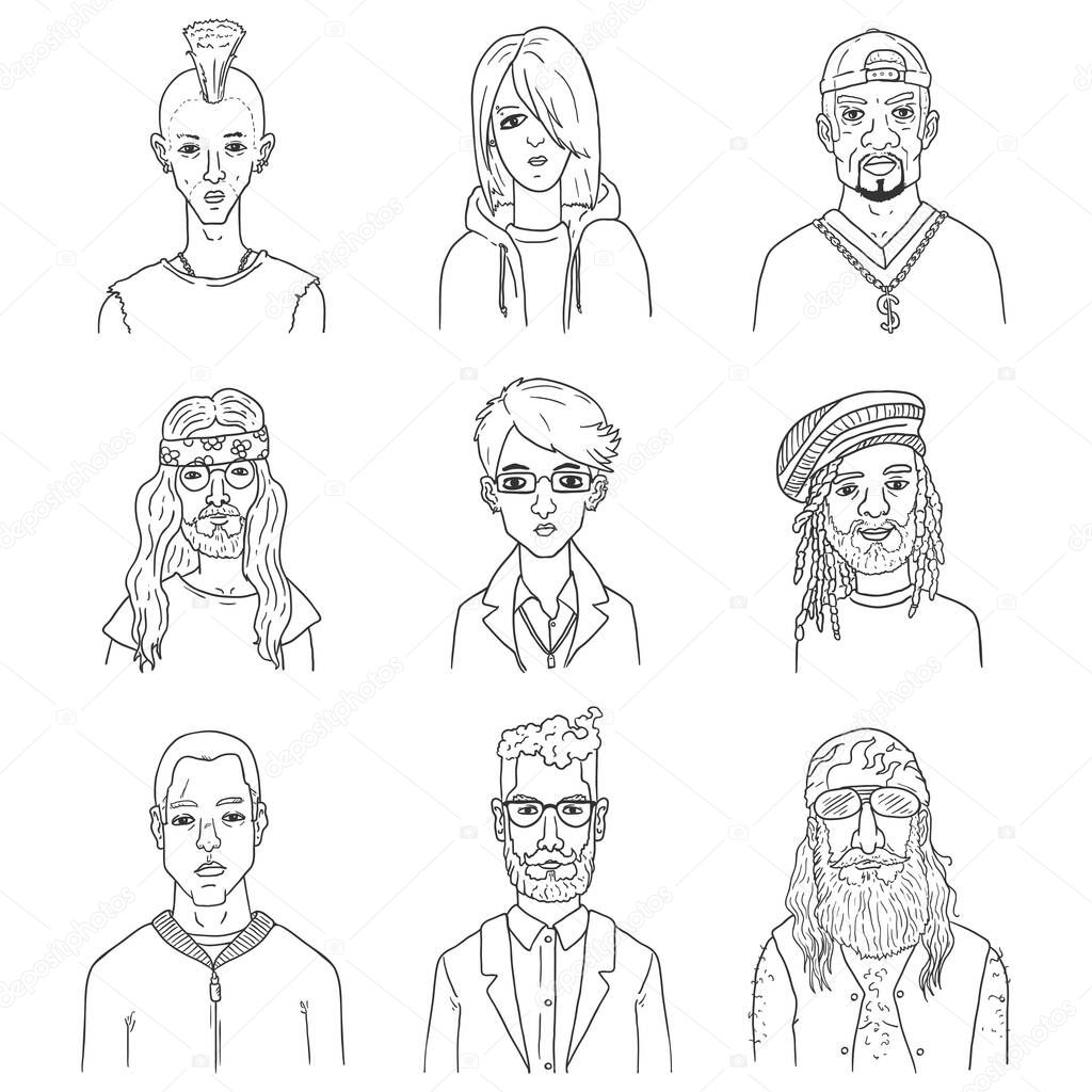 Vector Set of Outline Characters Faces. Different Subculture Portraits.