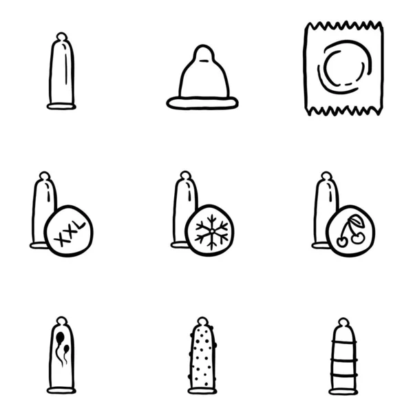 Conjunto Vectorial Iconos Condón Doodle Contorno Negro — Archivo Imágenes Vectoriales