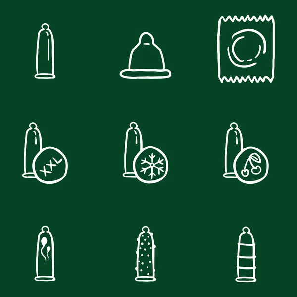 Set Vettoriale Icone Con Preservativo Doodle Gesso — Vettoriale Stock