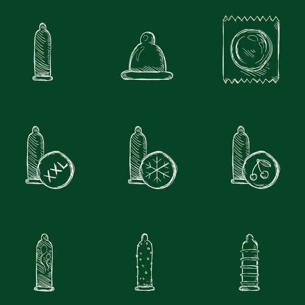 Vektor Uppsättning Kalk Skiss Kondom Ikoner — Stock vektor