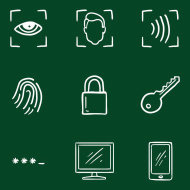 Elle çizilmiş vektör kümesi Tebeşir Doodle Siber Güvenlik Simgeleri.