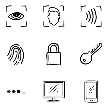 Elle çizilmiş vektör kümesi Siber Güvenlik Simgeleri.