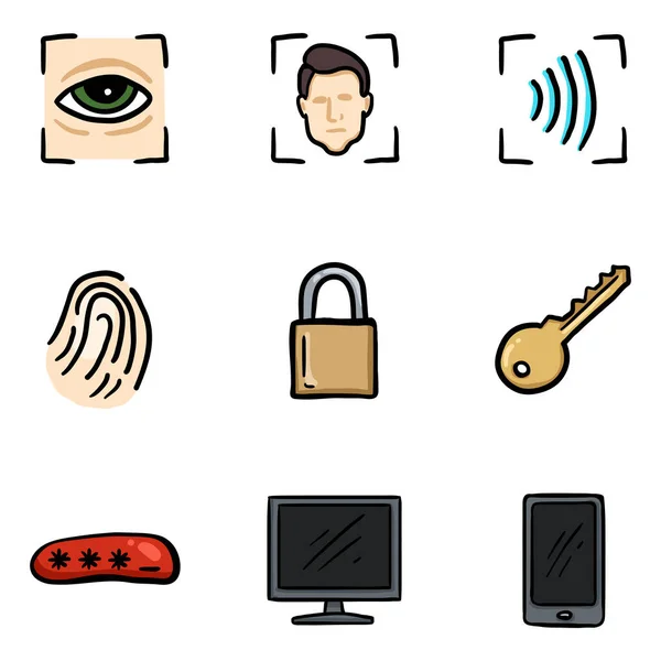 Vector Set Van Met Hand Getrokken Kleur Cyber Security Pictogrammen — Stockvector