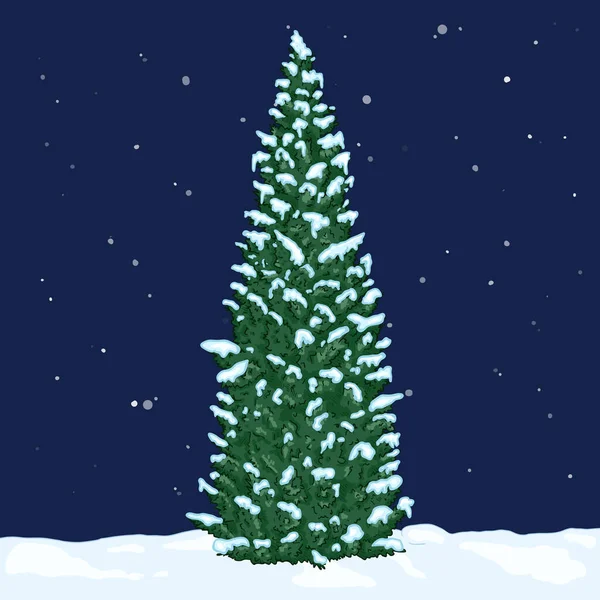 Vector Cartoon Green Pin Tree Dans Nuit Hiver Enneigée Conifère — Image vectorielle