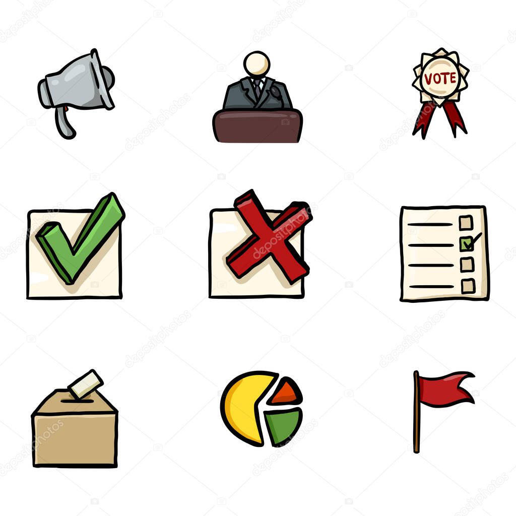Vector Set of Color Hand Drawn Elections Icons. Politics Vote Pictograms.
