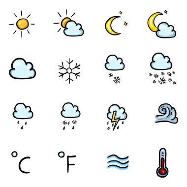 Renkli Doodle Hava Simgelerinin Vektör Kümesi