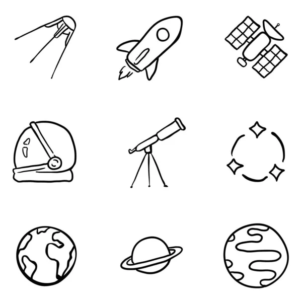 Vector Set Black Doodle Space Icons Astronomy Symbols — Stock Vector