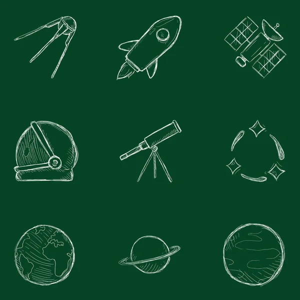 Conjunto Vectorial Iconos Espacio Boceto Tiza Símbolos Astronómicos — Archivo Imágenes Vectoriales