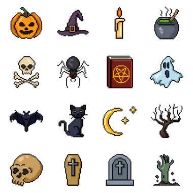 Piksel Sanat Cadılar Bayramı Simgelerinin Vektör Kümesi