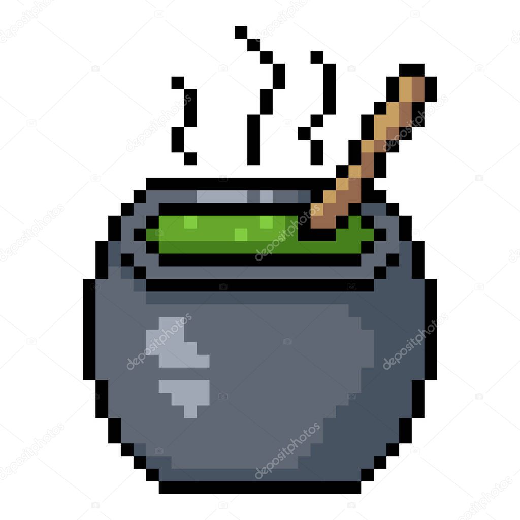 Pixel Art Halloween Icon - Witchery Potion Boiling in Pot