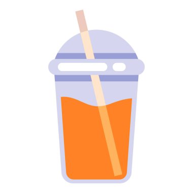 Vektör Düz Renk Simgesi - Kullanılabilir Plastik Bardaktaki Portakal Suyu Saman ve Lid ile