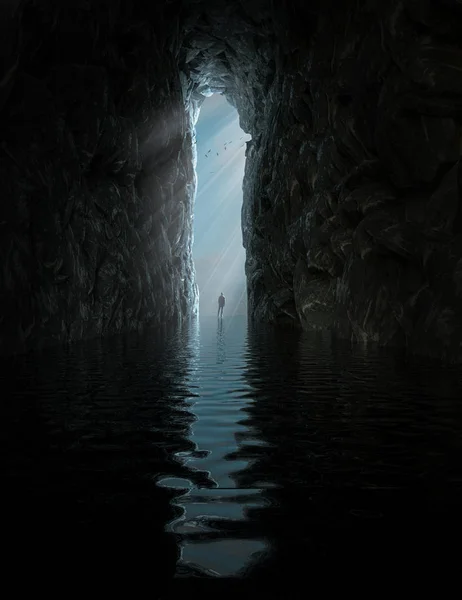 Θέα Από Θαλάσσιο Σπήλαιο Στην Ανδρική Σιλουέτα Που Στέκεται Στην — Φωτογραφία Αρχείου