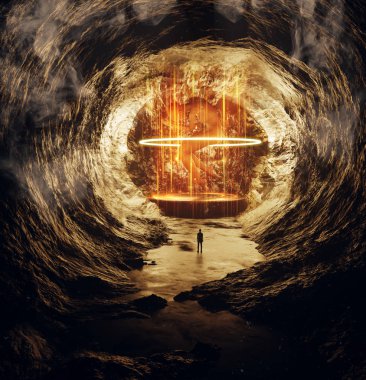Kıyamet sonrası gezegenin fütüristik bilim kurgu arazisinde mağarada altın ışıkta insansı uzaylı, 3d render