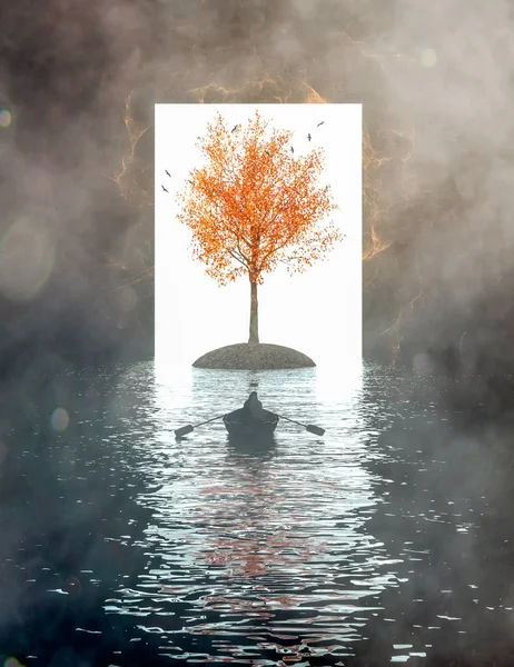 Lake with fantasy golden tree with boatman