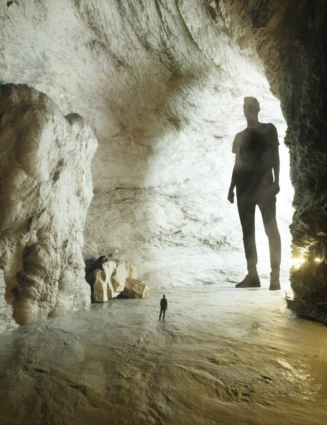 Man Giant Black Shadow Sandstone Cave — Stock Photo, Image