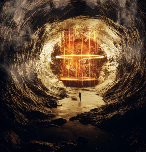 Humanóide Alienígena Luz Dourada Caverna Paisagem Futurista Sci Planeta Pós Imagem De Stock