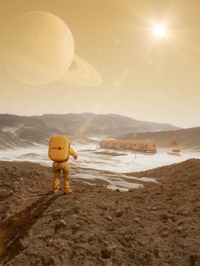 Astronot kıyamet sonrası gezegenin fütüristik bilim-kurgu manzara yürüyüş, 3d render
