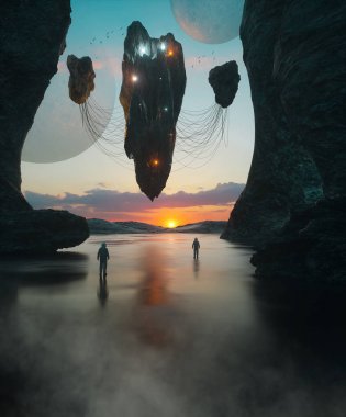 fütüristik uzay gemileri ile kıyamet sonrası gezegenin fütüristik bilimkurgu manzara, 3d render