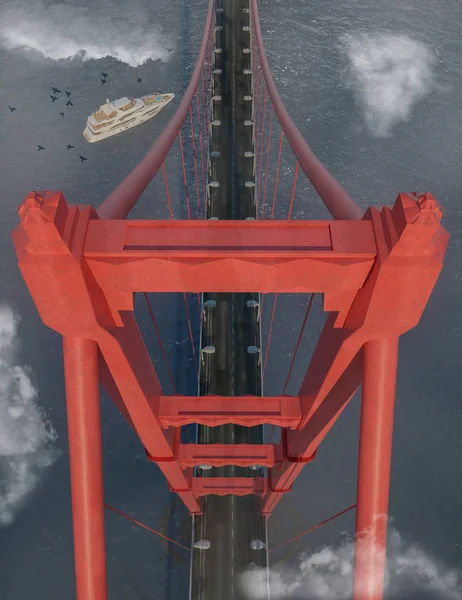 河上红金属桥的高角度景观 — 图库照片