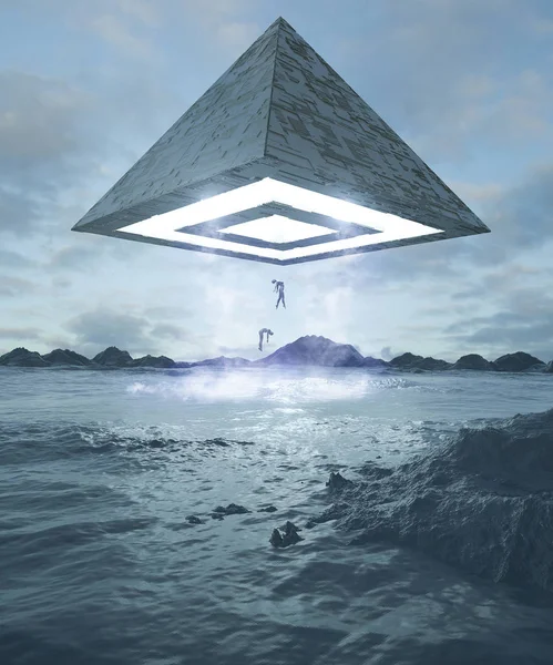 Пірамідальний Космічний Корабель Викрадення Людей Футуристичного Науково Фантастичного Ландшафту Пост — стокове фото