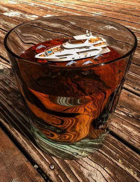 Close View Glass Tea Floating Yacht Dolphins — Stock Photo, Image