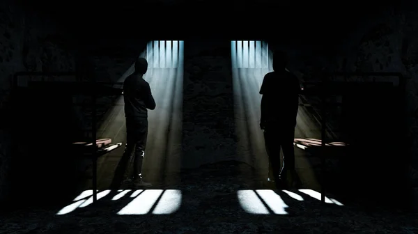 Paar Gevangenen Staande Donkere Gevangenis Camera — Stockfoto