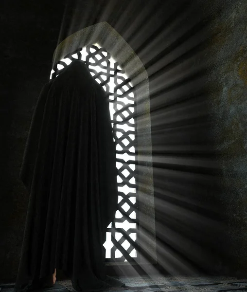 Zwart Silhouet Van Man Staande Voorkant Van Het Raam Moskee — Stockfoto