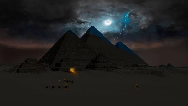 Silhouette of alien coming out from pyramides in full moon night