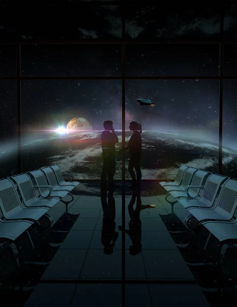 Couple standing in spaceship stantion and looking on glowing planets in open space