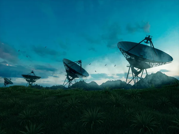 Обсерватория Радиосвязи Горном Ландшафте Рассвете — стоковое фото