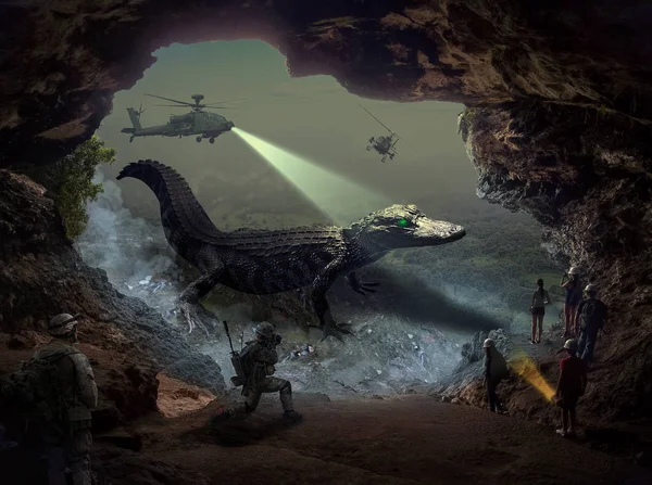 Чужий Крокодил Футуристичному Науково Фантастичному Ландшафті Пост Апокаліптичної Планети Рендеринг Стокова Картинка