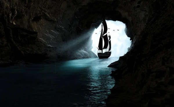 Sziluettje Vitorlás Hajó Úszó Sötét Tengeri Barlang Stock Kép