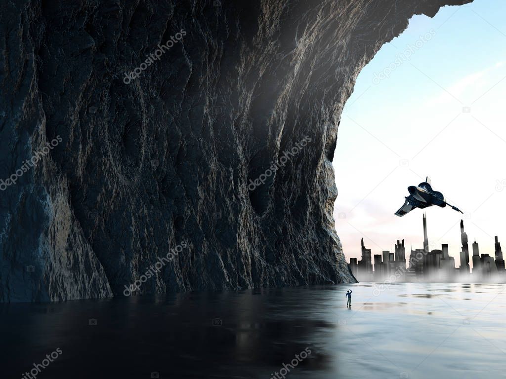 Futuristic spaceship flying into rocky cave