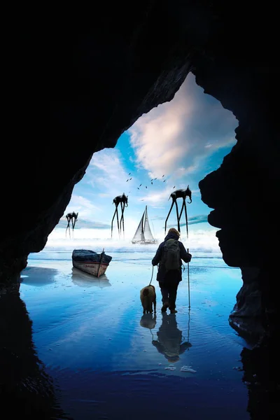 Silhouette of man with dog coming out of dark marine cave and looking on futuristic elephants among clouds