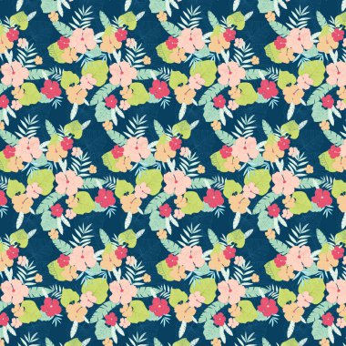 Güzel, pürüzsüz vektör desenli çiçek deseni, tropikal çiçekleri, palmiye yapraklarını, orman yaprağını, amber çiçeğini, cennet kuşunu içeren bahar yaz arkaplanı. Egzotik duvar kağıdı, Hawaii tarzı.