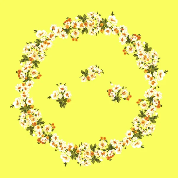 Cornice floreale composta da diverse fresie su fondo giallo. ghirlanda di fiori con una composizione floreale può essere utilizzato per la stagione, design festivo, annunci, cartoline, inviti . — Vettoriale Stock