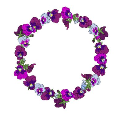 El çizimi renkli nonoş çiçekleri dairesel çelenkler.