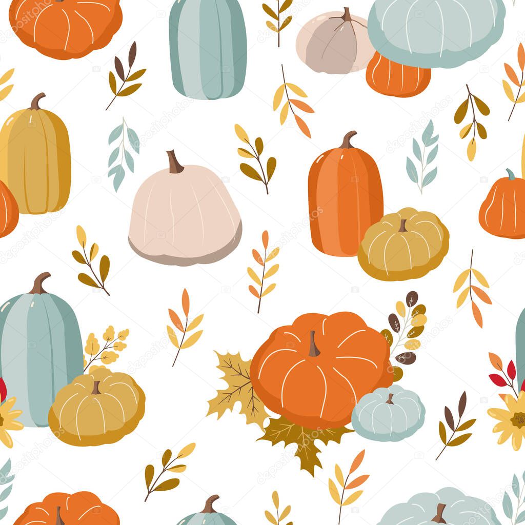Hand drawn seamless pattern with autumn leaves and pumpkins, autumn mood.