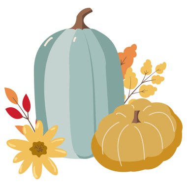 Balkabaklarıyla sonbahar arkaplanı, sonbahar yaprakları, vektör illüstrasyonu.