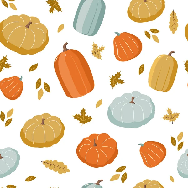 Hand drawn seamless pattern with autumn leaves and pumpkins, autumn mood. — Stock Vector