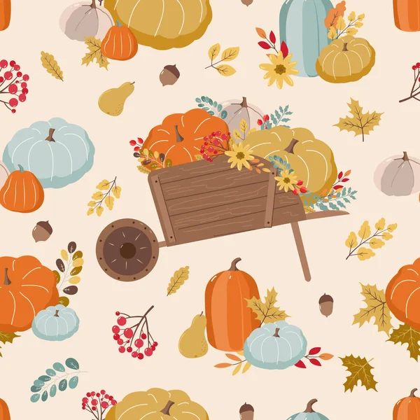 Handgezeichnetes nahtloses Muster mit Herbstblättern und Kürbissen, Herbststimmung. — Stockvektor