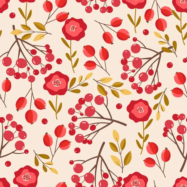 Hand drawn seamless pattern with autumn leaves and rowanberry , autumn mood. — Stock Vector