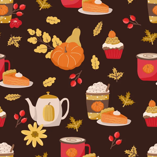 Hand drawn seamless pattern with autumn leaves,pie, pumpkin, autumn mood. — Stock Vector