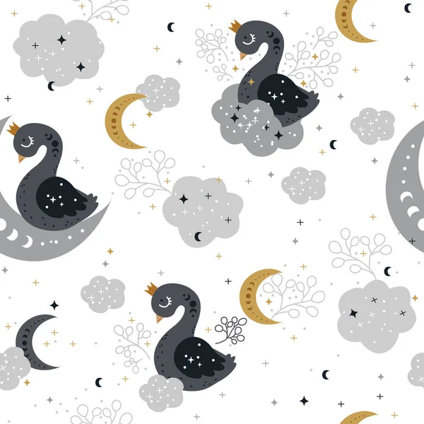 Krásný bezešvý vzor s labutěmi, měsícem a hvězdami — Stockový vektor