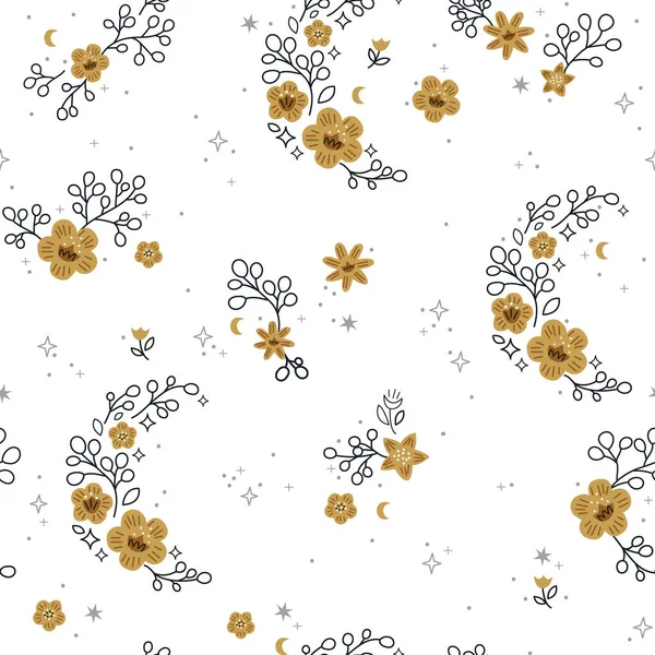 Hermoso patrón sin costura con flores, luna y estrellas — Archivo Imágenes Vectoriales