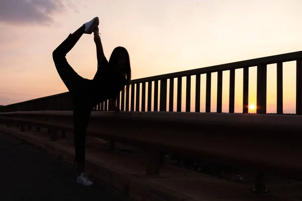 Bella giovane ragazza bruna in posa una strada in mezzo al campo al tramonto, balletto, silhouette — Foto Stock