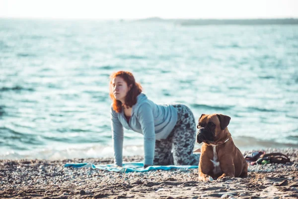 Dziewczyna robi jogę i rozciąganie na plaży z psem — Zdjęcie stockowe