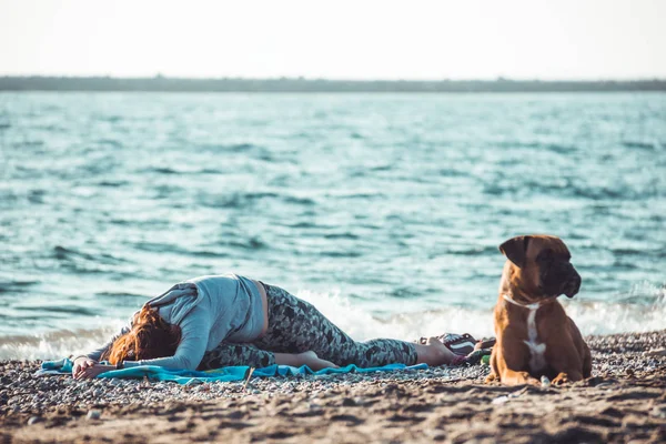 Dziewczyna robi jogę i rozciąganie na plaży z psem — Zdjęcie stockowe