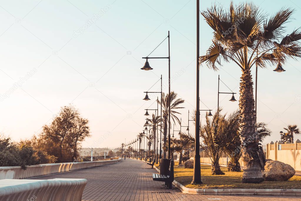 Beach and promenade of Almerimar. Almeria, Andalusia, Spain